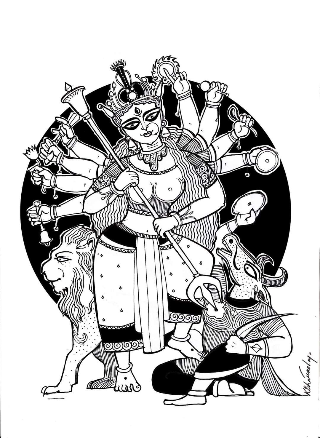 Maa Durga  Mandala Art 46 x 37 cms  International Indian Folk Art  Gallery